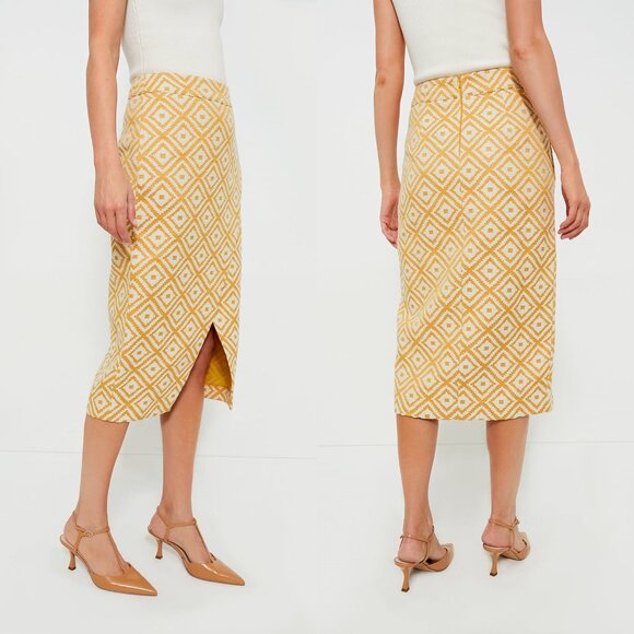 Tuckernuck NEW Marigold Tweed Margo Yellow Retro Diamond Midi Skirt Size M - Picture 2 of 12